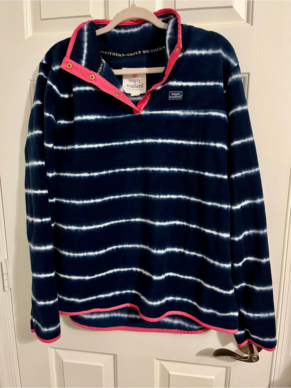 Simply Southern Women Navy & White Stripe Fleece Pullover with Pink Trim XXL EUC